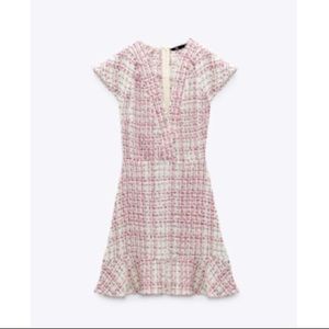 New Zara tweed textured weave dress with ruffles multicolored pink M medium